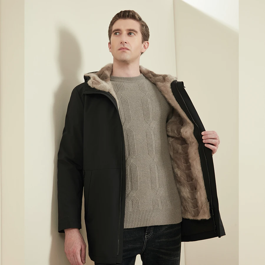 

Jacket Parka Men Real Mink Fur lined Hooded Coats Winter New Fashion Warm Business Casual Jacket