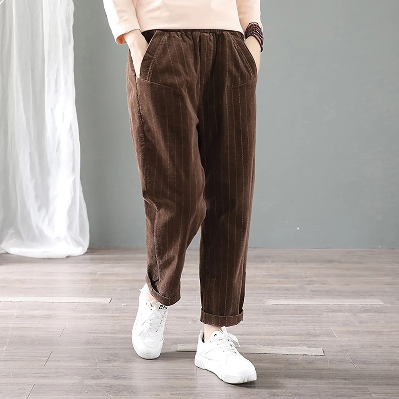 Осенние женские брюки хлопковые Ретро полосатые шаровары женский эластичный