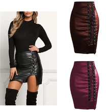 

Spring Summer Women Side Split Pencil Skirts Black Lace Up PU Leather Skirts Vintage Bodycon High Waist Mini Skirt