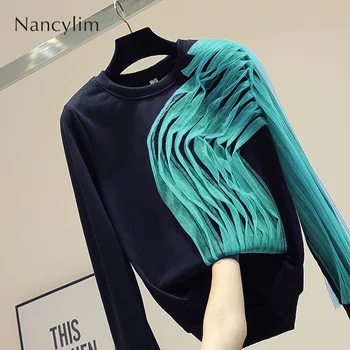 

New Mesh Stitching Round Collar Black Hoodie Women Pullover Tracksuit Fashion Sweatshirt Girls Lady Streetwear Pull Femme