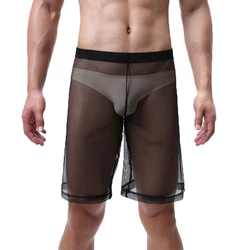 Mens Sleep Bottoms Mesh Transparent Casual Loose Fishnet Shorts Sheer Lingerie Pantalon Erotic Gay Sleepwear Slip Pyjamas Pants