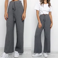 

2021 Summer Women Solid Wide Leg Pants Casual Loose Knitted Drawstring Long Trousers Ladies Casual High Waist Straight Trousers