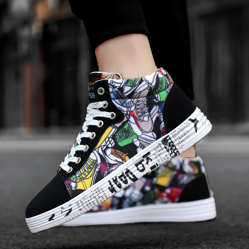Кроссовки мужские с граффити Классическая Повседневная обувь на шнуровке