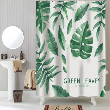 

Green Leaves Tropical Plants Shower Curtain Bathroom Waterproof Polyester Washable Bath Curtains Screen with Hooks Accessories