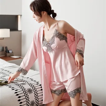 

Han Meiren Summer New Silk Three-Piece Pajamas Viscose Fiber Robe Summer Sexy Nightgown with Chest Pad Leisure Tops