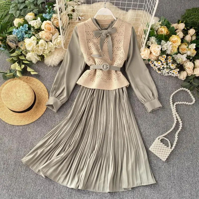 Neploe French Retro Temperament Chic 2 Pcs Women Set Autumn Lace Up Bow Long Pleated Dress+ Hollow Out Knit Vest Chandal 47035