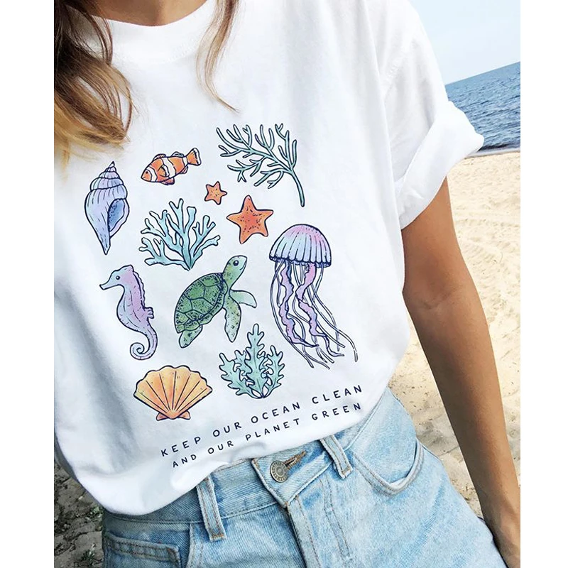 Keep Our Ocean Clean And Our Planet зеленая разноцветная Футболка с принтом, шикарная женская летняя футболка с круглым вырезом и графикой, Vegan Eco, футболка, топ