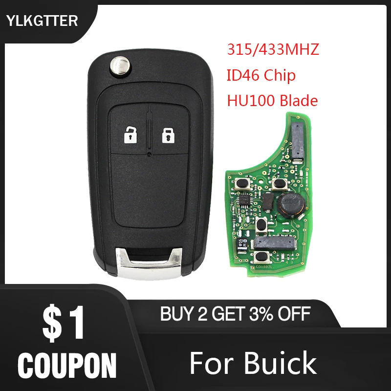 

YLKGTTER 315/433MHz Flip Folding Remote Key For Buick Lacrosse Encore Regal Verano 2011- 2016 with ID46 Chip & HU100 Uncut Blade