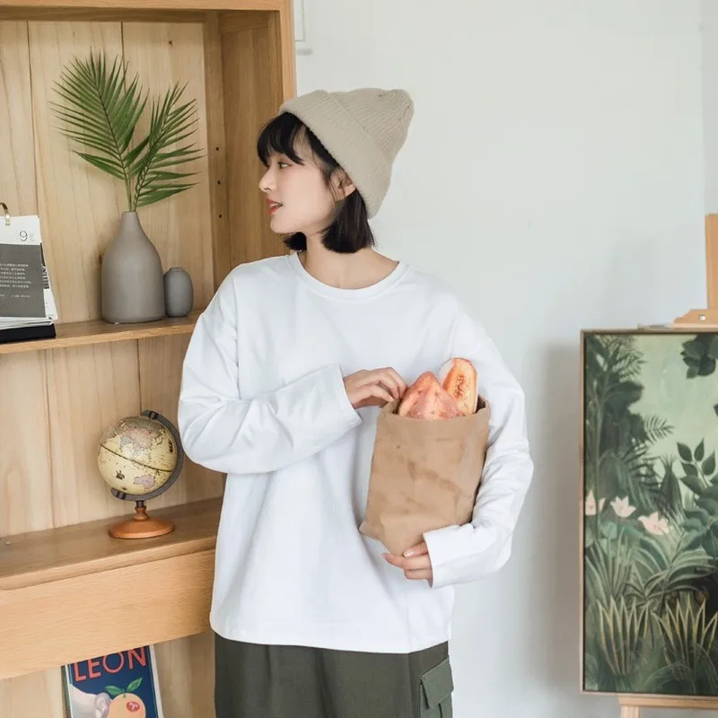 Autumn New Woman Tshirts Long Sleeve Solid Simple Thickened Elastic Cotton Soft Comfortable Base Student Tops Harajuku Clothes