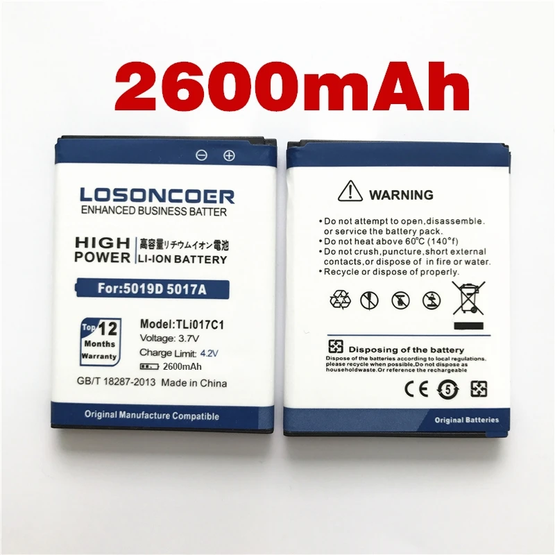 100% Оригинальный LOSONCOER 2600 мАч TLi017C1 для Alcatel OneTouch PIXI 3 4 5 &quot5019D аккумулятор 5017D 5017A 5017X