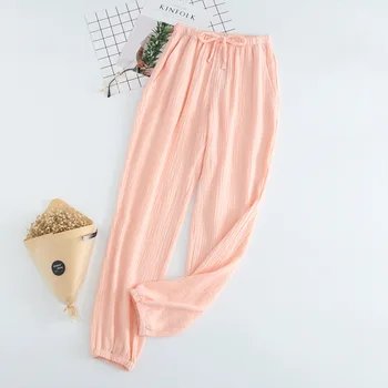 

New 100% Cotton Pajama Pants Women Double Gauze Couple Models Crepe Loose Closing Thin Section Solid Color Home Sleepwear