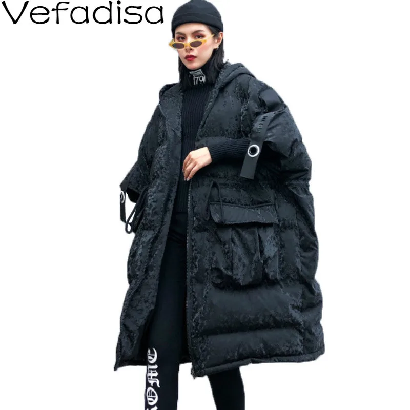 Vefadisa Женская парка с капюшоном и половинным рукавом, черная зимняя Толстая парка с карманами и завязками на талии, парка на молнии, свободная, QYF1210