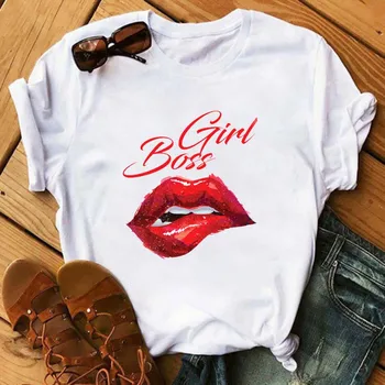

Maycaur Cartoon Red Lip Printed Women T-shirt Fashion Ladies Girls Boss Tops Tee Casual Round Neck T Shirts Kawaii Femme Clothes