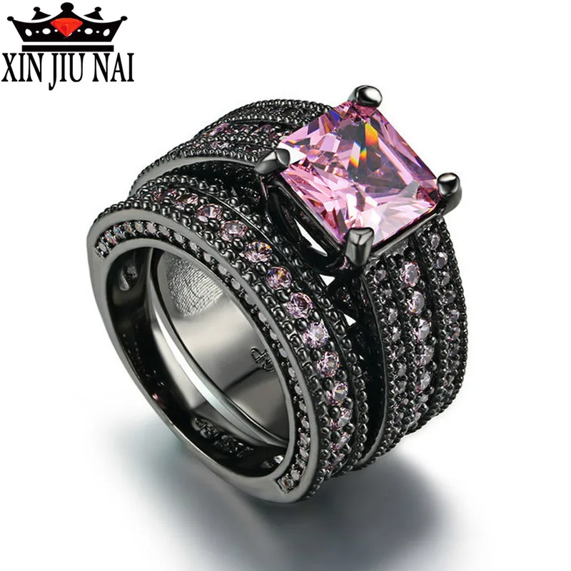 

2 pieces / set of pink square crystal luxury ring set with top zirconium CZ black gold cocktail party ring Party Jewelry Gift