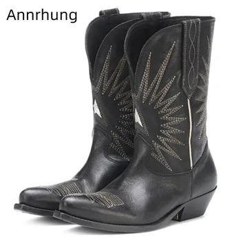 

Retro Mid-Calf Western Boots Women Sewing Star Genuine Leather Botas Cozy Pointed Toe Chunky Heel Booties Fashion Botas Mujer