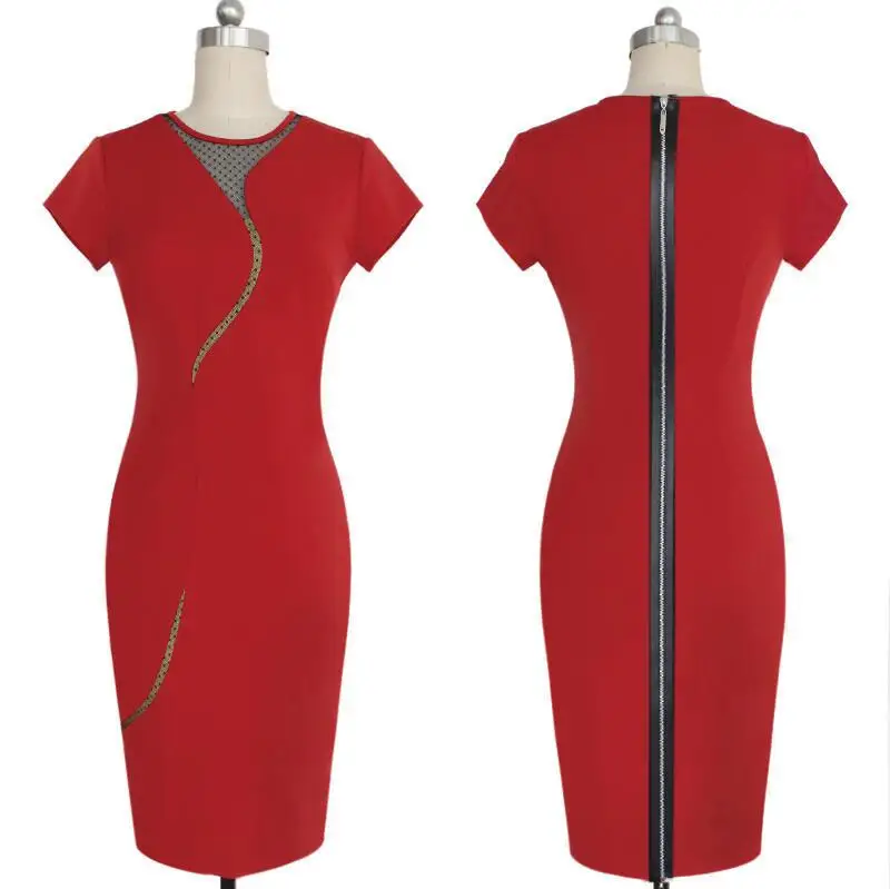 Женская винтажная одежда для работы, элегантные платья до колена, деловые вечерние облегающие офисные платья с рюшами, Дамское черное Сетчатое платье, костюм - Цвет: Red