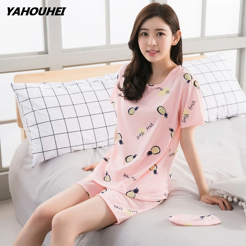 boluopai pink Футболка с рисунком животных и шорты, пижамный комплект, женская одежда для сна с круглым вырезом и коротким рукавом, летняя повседневная одежда для сна - Цвет: boluopai pink