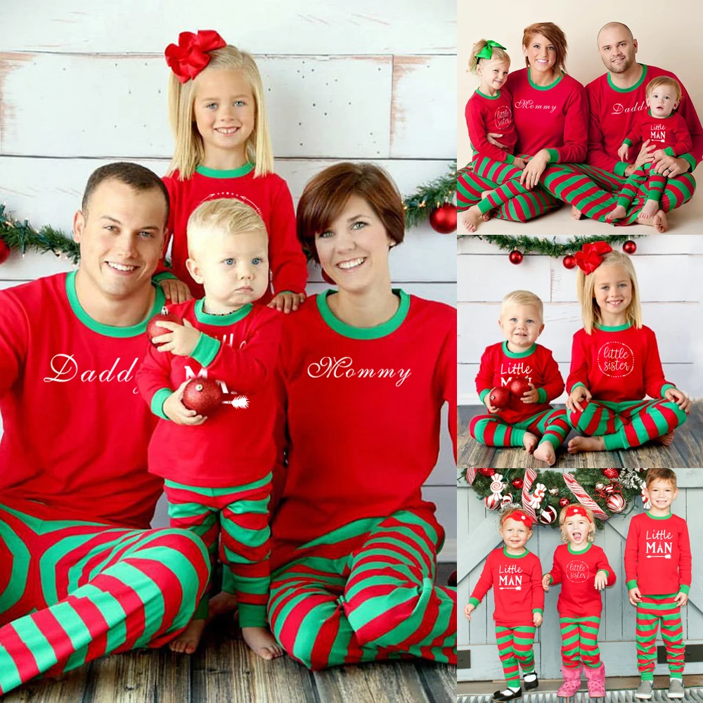 Комплект одинаковой одежды для семьи г., Рождественский пижамный комплект для мамы и дочки, одежда для сна с длинными рукавами красного и зеленого цвета в полоску