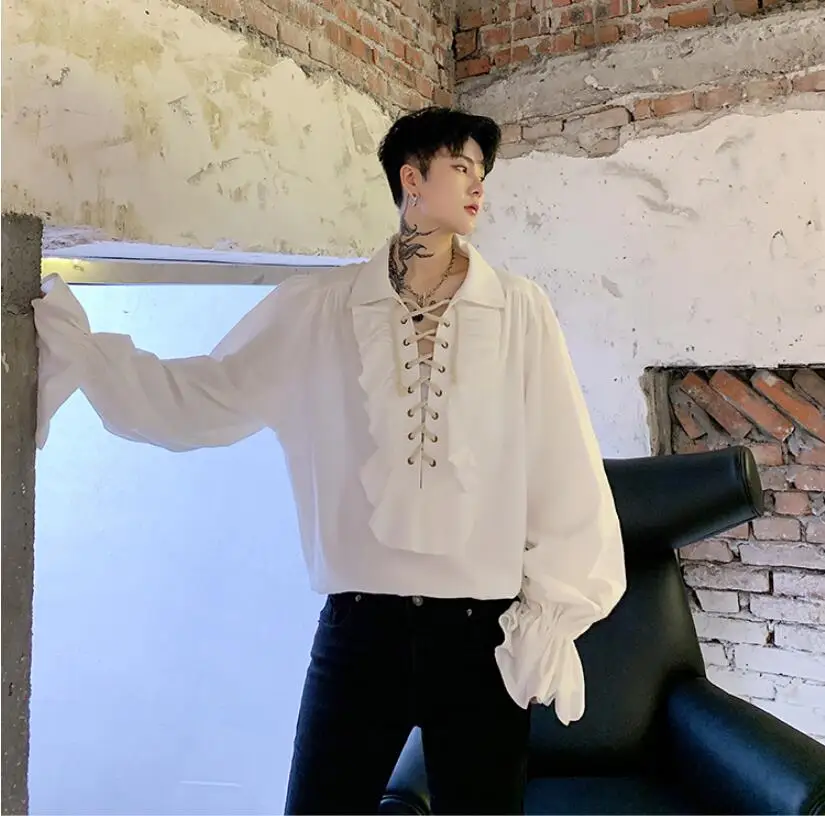 M-XXL! Осенний стиль темно-Черная Мужская рубашка с длинными рукавами с готическим Ретро гофрированным шнурком дизайн