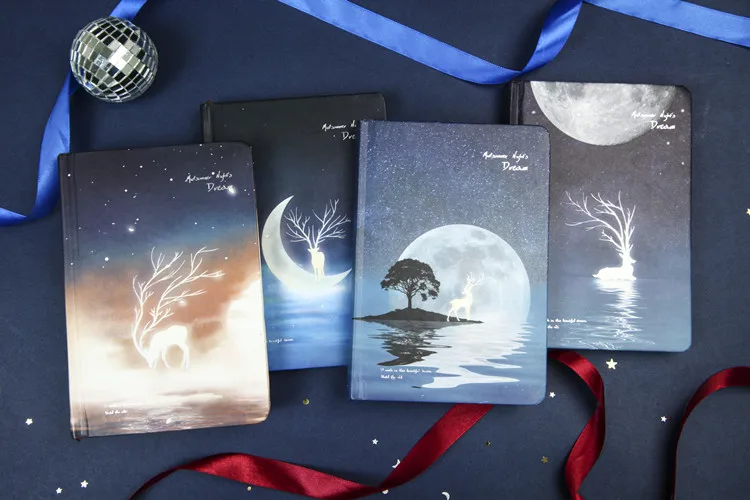 Livro de Nota Diário para Estudantes Criativo Luminoso Estrelado Noite Sonho Caderno Ilustração Diário Capa Dura Planejador Presente a5 17 Material escolar e de escritório