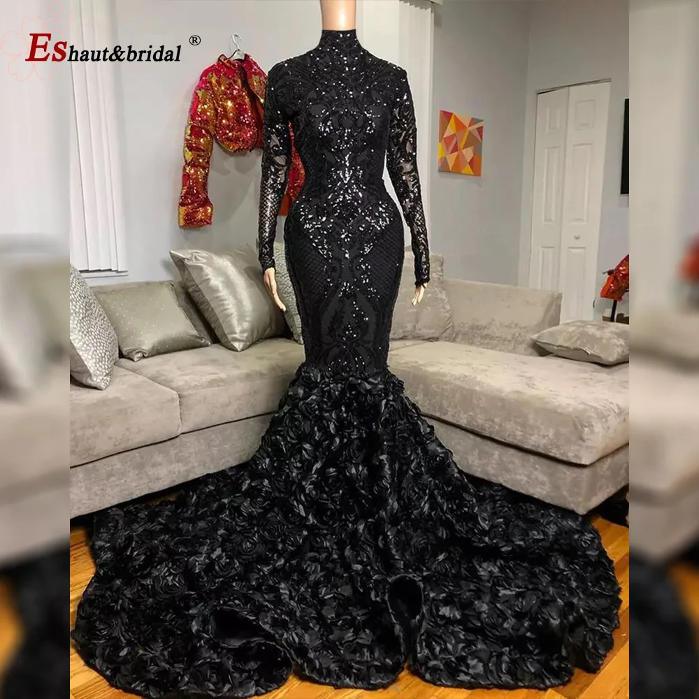 engagement gowns Floor length black prom dress with long sleeves,wedding reception gown,African women wedding dress,black bridal dress