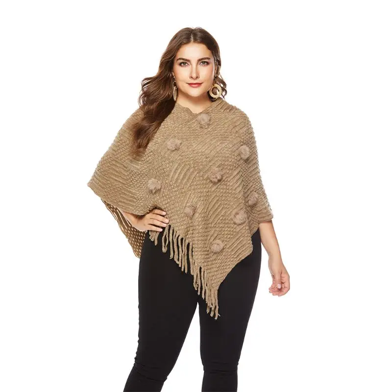 Women Plus Size Knit Tassels Poncho Cape Pullover Tops with Pompom Sweater Shawl - Цвет: Хаки