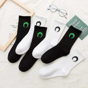 

White Black Sock for Woman Moon Socks Women Adult Kawaii Ladies Elegant High Sox Cotton Spring Autumn Female Trendy Calcetines
