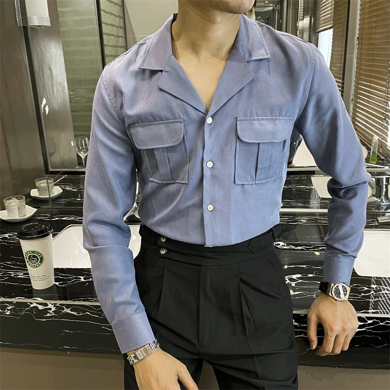 Safari Shirt Men Solid White Blue Men's 
