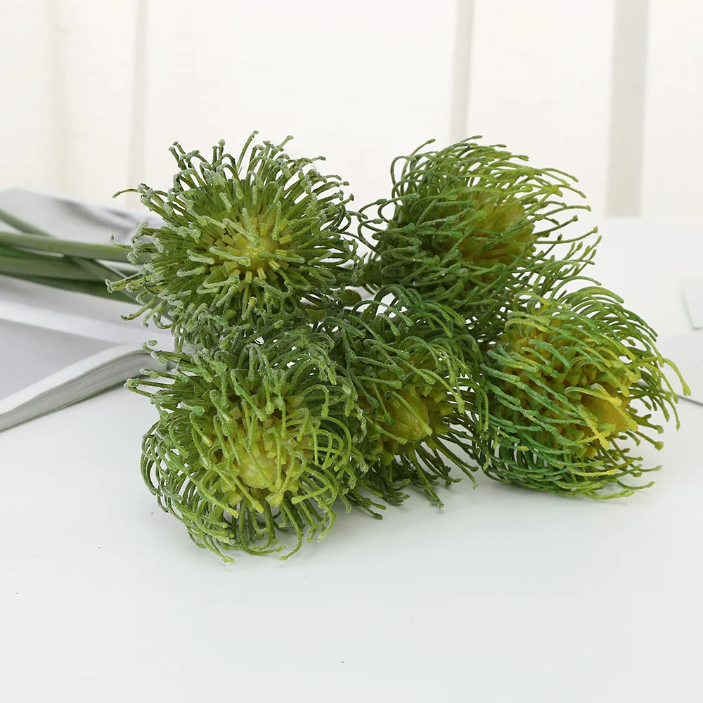 Пластиковая открытая игла Protea Flower Spray с длинным стволом искусственные тропические Pincushion Faux Leucospermum в 4 цветах-2" высокий - Цвет: green
