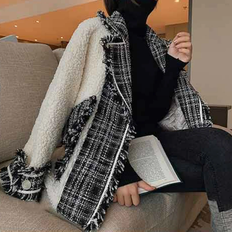 Женский шерстяной Блейзер из искусственного ягненка, Лоскутная куртка, зимнее теплое пушистое пальто