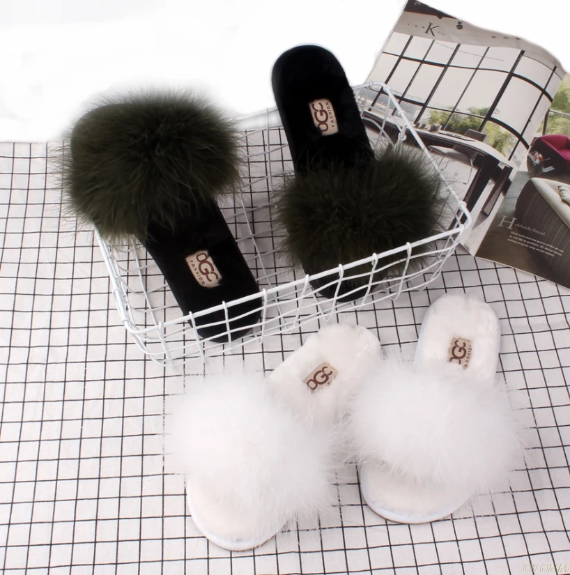 2020 INS Fashion Slides Slipper Women's Fluffy Real Fox/Raccoon Fur Sandal Shoes 