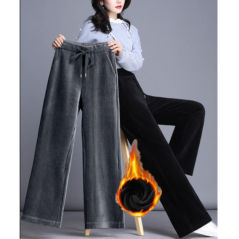 

Velvet Thick Warm Corduroy Trousers High Waist Drape Overlength Wide Leg Pants Retro S-2XL Elastic Waist Winter Fleece Pants