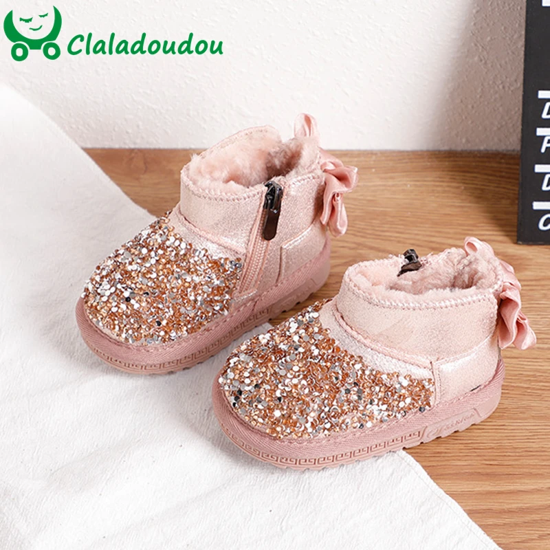 

Claladoudou 11.5-15.5cm Brand Genuine Leather bling twinkle baby girls snow boots 0-2years old infant girls princess warm shoes