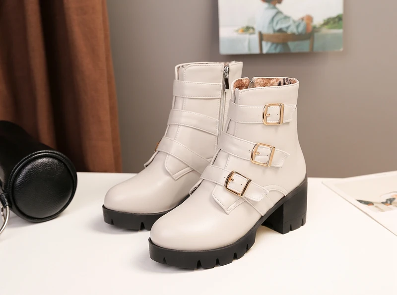 ASILETO large size 34-46 ankle boots women round toe platform buckle zipper booties in Autumn Winter botas bottines botas mujer