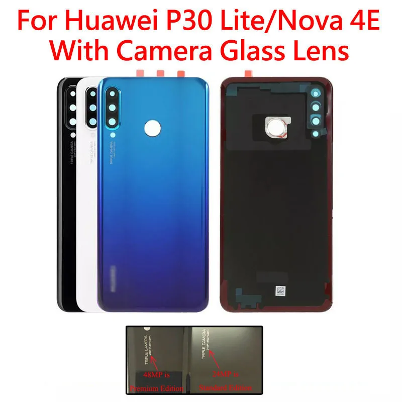 DHL, 50 шт.,, для huawei P30 lite/Для huawei Nova 4e, задняя крышка, крышка батареи, корпус, чехол, задние части+ объектив для камеры