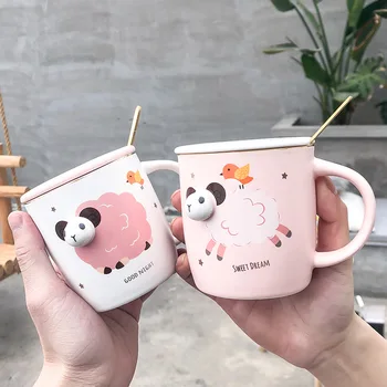 

Creative Lamb Ceramic Mugs 3D Cartoon Animal Coffee Mug with Cover Spoon Frosted Milk Breakfast Ceramic Cup Ladies and Kids Cup