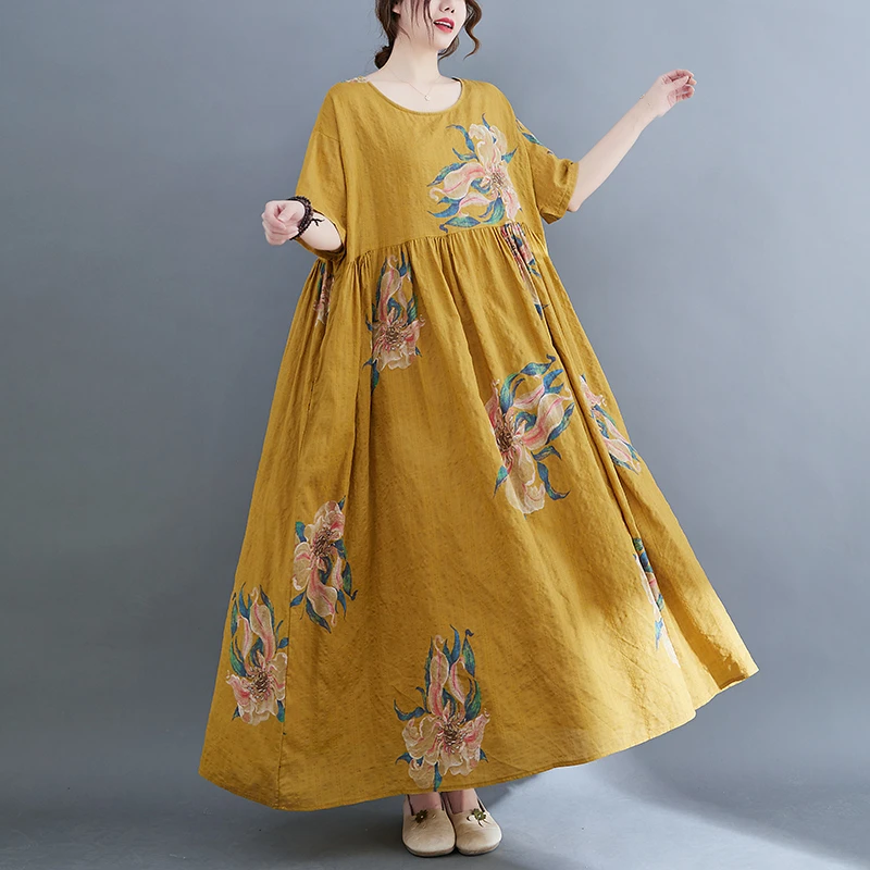 2025 New Spring Summer Women Over Size Cotton Linen Vintage Dress Print Casual Loose Long Dresses Female Robe Elegant Clothing
