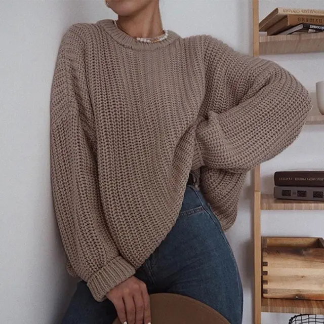 Women Solid Knitted Thickening Oversized Sweater Female Round Neck Long Sleeve Casual Loose Pullovers Top 2021 Autumn Winter Brown