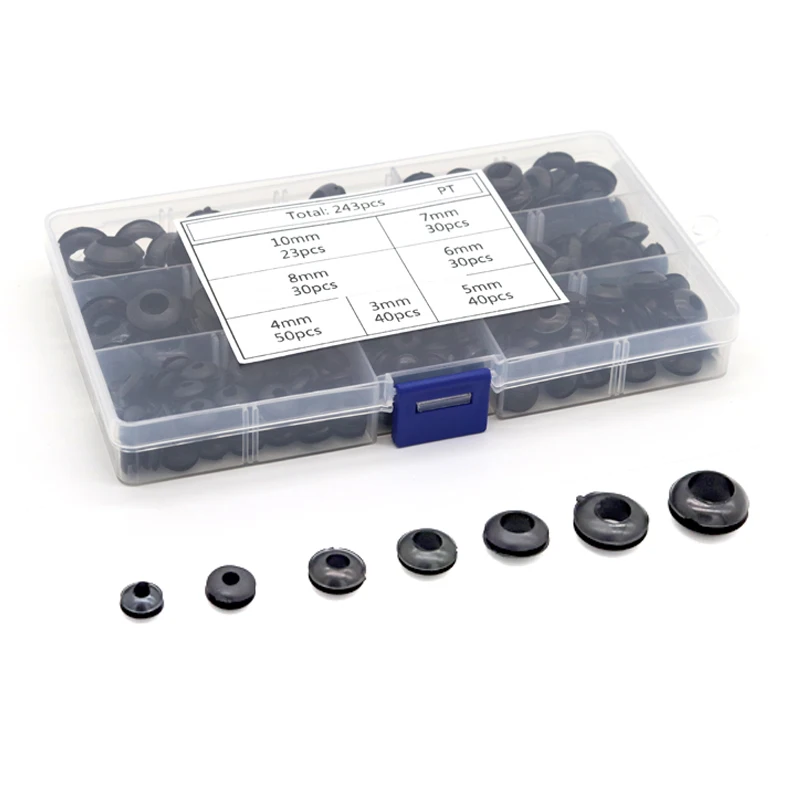 243Pcs/box Rubber Grommet Gasket Kits for Wire Cable Black Assortment Set