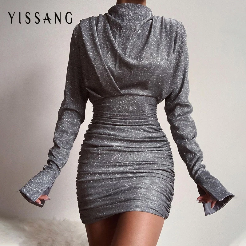 Yissang, Сексуальное Лоскутное Бандажное платье, женское, черное, с длинным рукавом, с рюшами, облегающее, вечерние, для клуба, платья, осень, женское, мини платье, Vestido - Цвет: Black