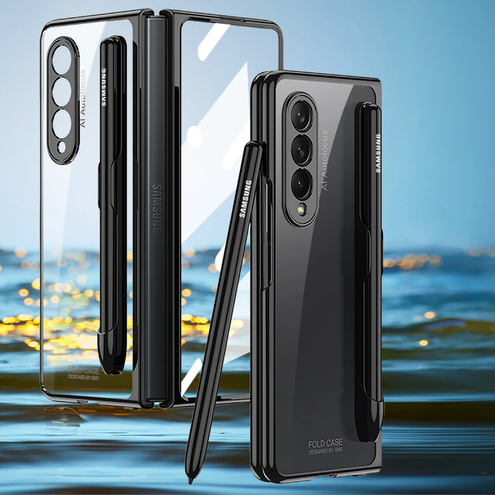 Clear With S Pen Holder Cover For Samsung Galaxy Z Fold 3 5G Case Built-in Screen Protector 360° Protection Coque Funda No Pen samsung z flip3 case