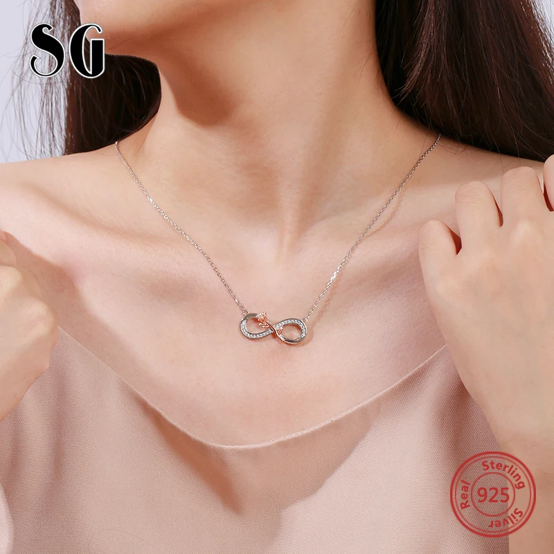 SG 925 STELING Серебряная Любовь Ожерелья со знаком бесконечности с розовым цветком звено цепи ожерелье Мода jewely Подарки для женщин