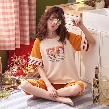 

Women's summer 2 piece suit female student cotton large size M-2XL home service casual short-sleeved cropped pants comfortable