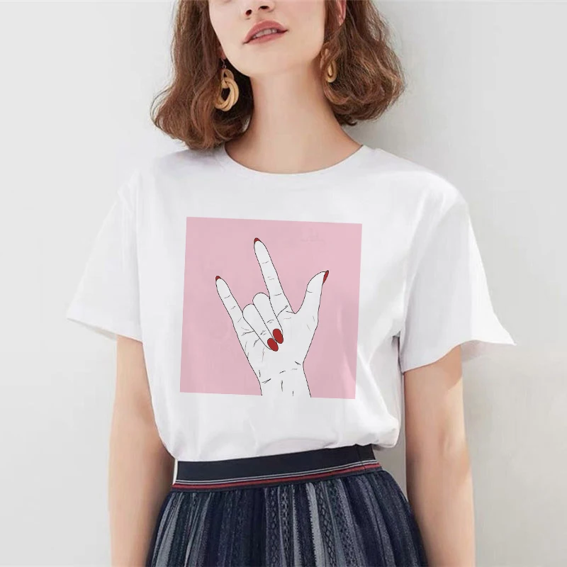 

2020 Summer New gestures and Rose Print Women's T-shirt Pink cute style Harajuku Women's Short sleeve T-shirt women's clothing