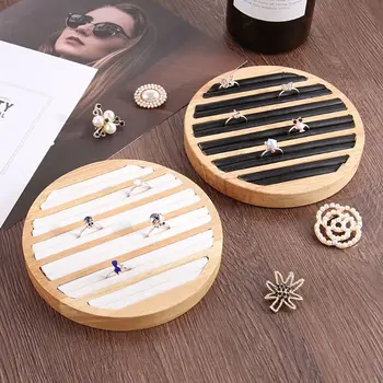 

Bamboo Wooden Ring Display Tray Round 6 Long Slot Leather Insert Jewelry Storage