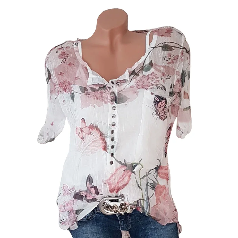 5XL, модные женские блузки, короткий рукав, Цветочная блузка,, кнопка, v-образный вырез, рубашка для девушек, рабочий Топ, Blusas Feminina Elegante размера плюс - Цвет: Short White