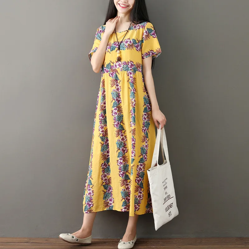 

2018 Summer New Style Retro Literature And Art High-waisted Printed Large Size Dress Loose Cotton Linen Short Sleeve A- line Dre