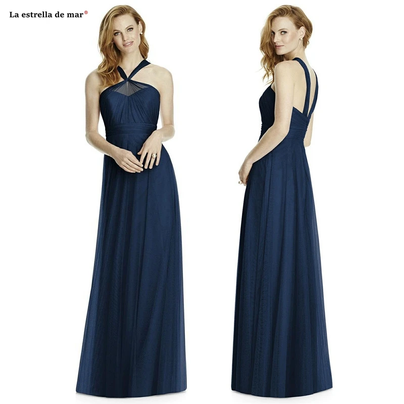 Vestidos dama de honor largos2019 Тюль Висячие шеи Короткие персик темно-синий, бордовый Румяна розовое платье подружки невесты