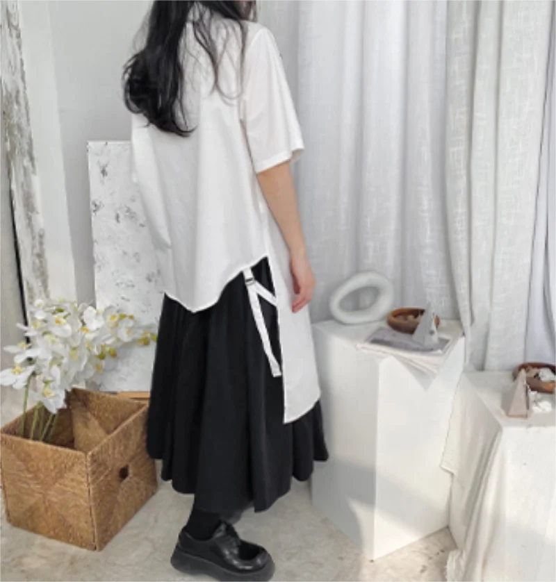 Summer women's new irregular asymmetrical design short-sleeved shirt square collar solid color short-sleeved shirt trend