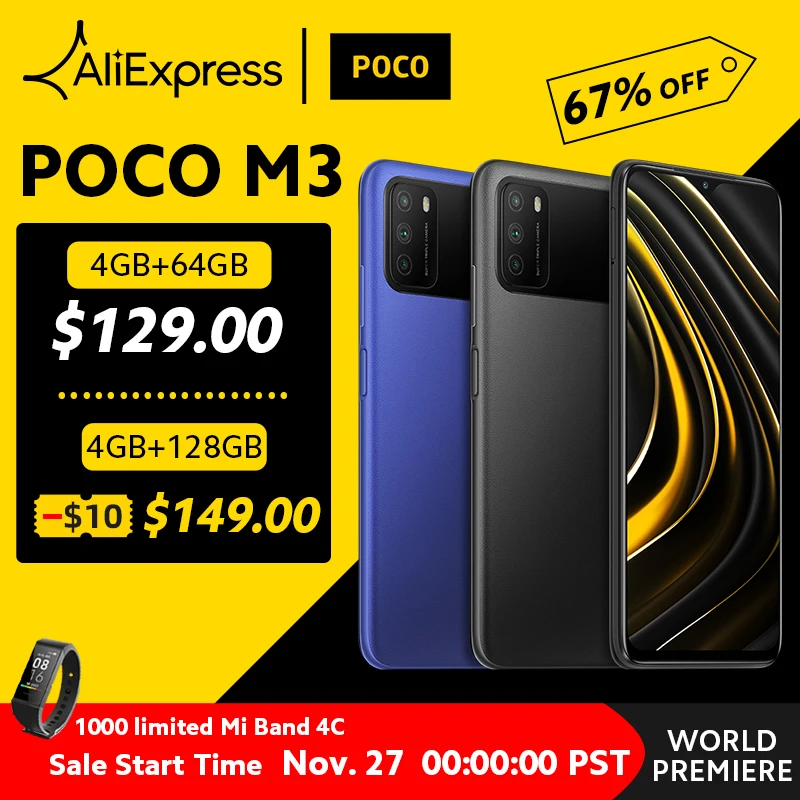  POCO M3 4+64GB Смартфон Snapdragon 662 POCOPhone 6,53 "дисплей 6000 мАч батарея 48MP AI тройной Камера 
